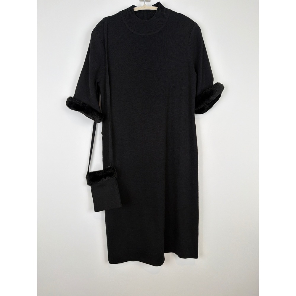 Nina Leonard Y2K Vintage Sweater Dress Women PL Black Faux Fur Trim Attached Bag